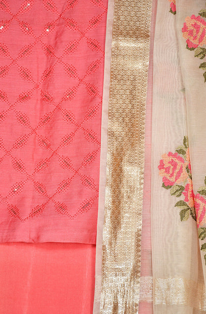 Peach Pink Palm Silk Unstitched Suit Set
