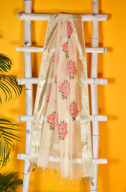 Peach Pink Palm Silk Unstitched Suit Set