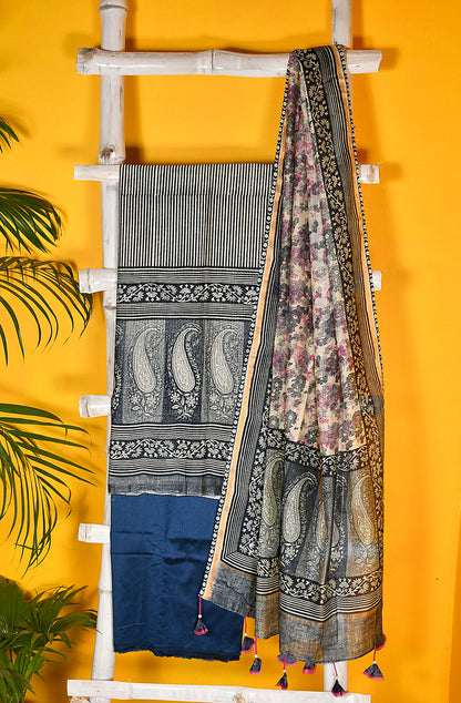 Navy Blue and Off White Pure Silk Chanderi Unstitched Suit Set