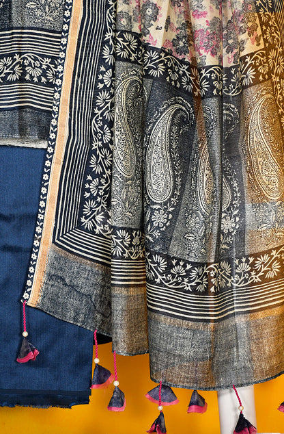 Navy Blue and Off White Pure Silk Chanderi Unstitched Suit Set