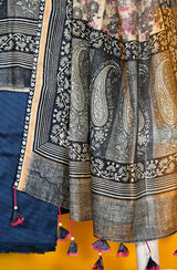 Navy Blue and Off White Pure Silk Chanderi Unstitched Suit Set