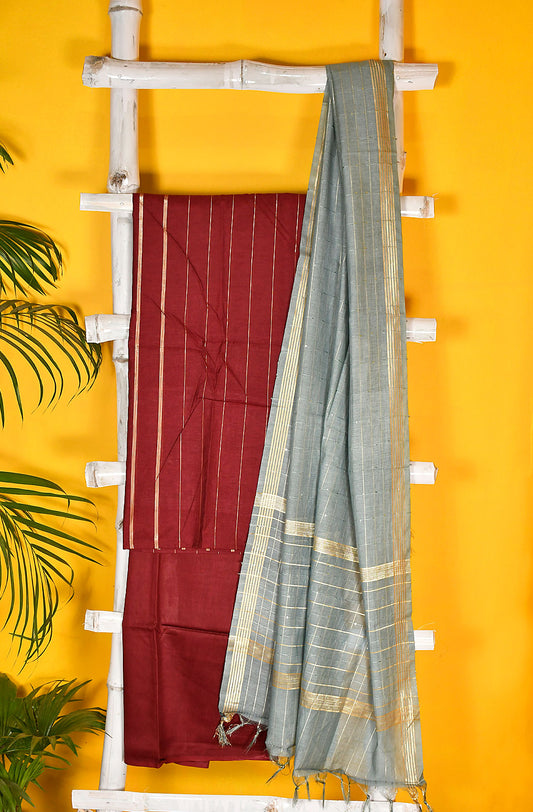 Dark Maroon Pure Silk Chanderi Unstitched Suit Set