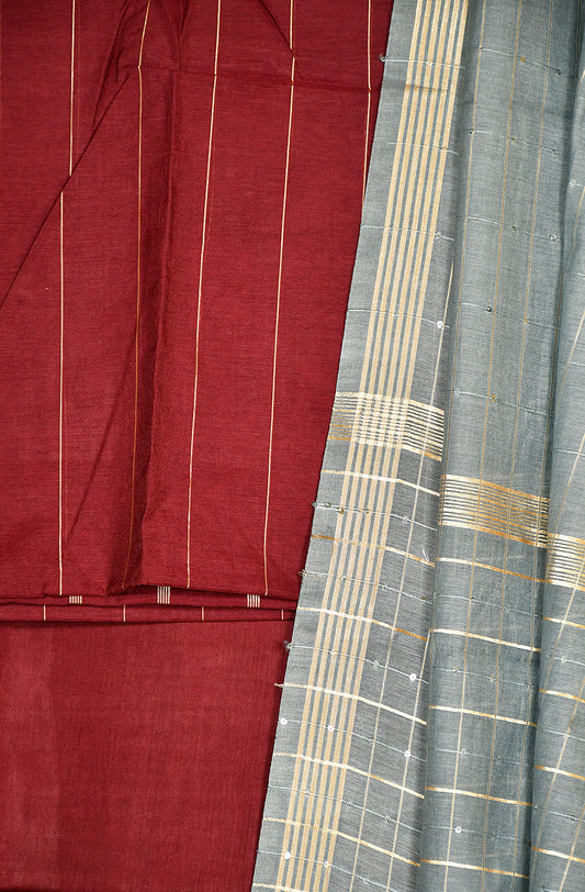 Dark Maroon Pure Silk Chanderi Unstitched Suit Set