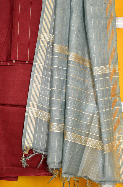 Dark Maroon Pure Silk Chanderi Unstitched Suit Set
