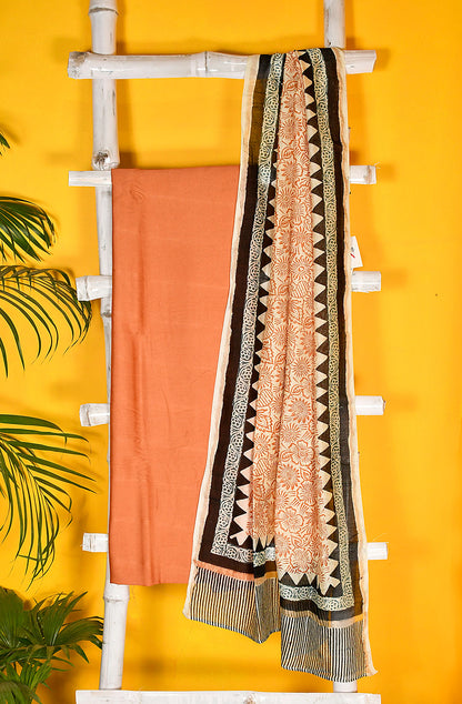 Peach Pure Silk Chanderi Unstitched Suit Set
