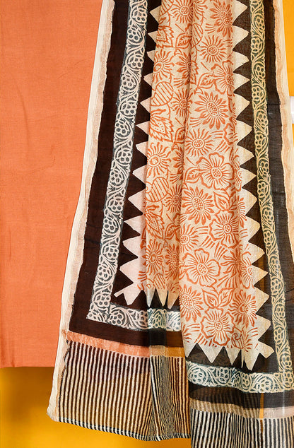 Peach Pure Silk Chanderi Unstitched Suit Set