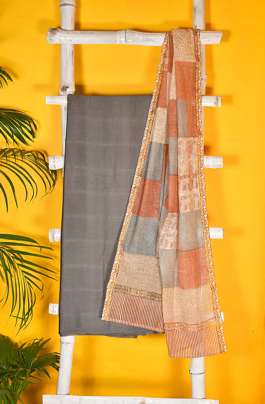 Grey Palm Silk Unstitched Suit Set