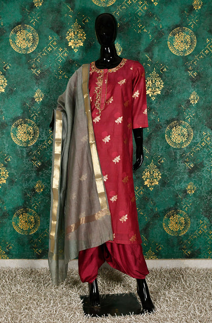 Maroon Cotton Chanderi Hand Embroidered Suit Set