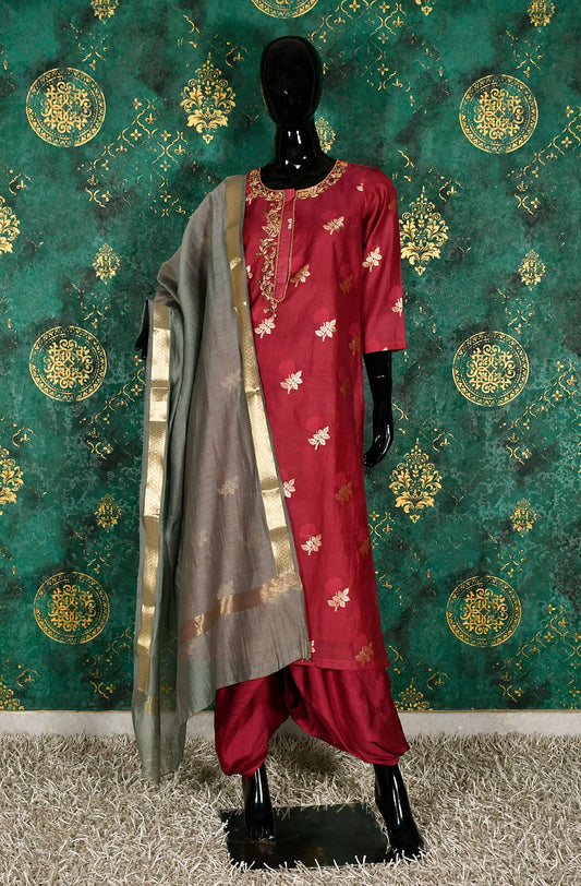 Maroon Cotton Chanderi Hand Embroidered Suit Set