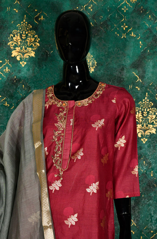 Maroon Cotton Chanderi Hand Embroidered Suit Set