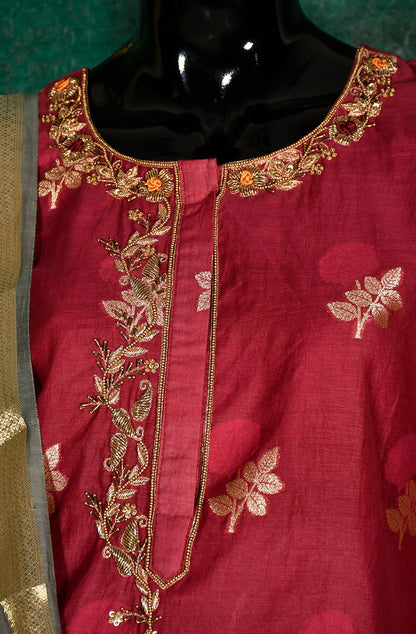 Maroon Cotton Chanderi Hand Embroidered Suit Set