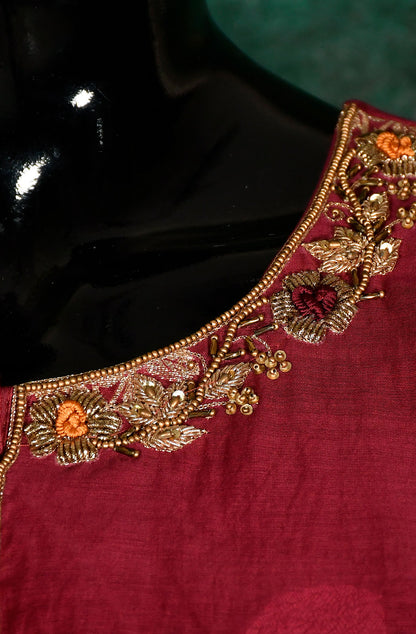 Maroon Cotton Chanderi Hand Embroidered Suit Set