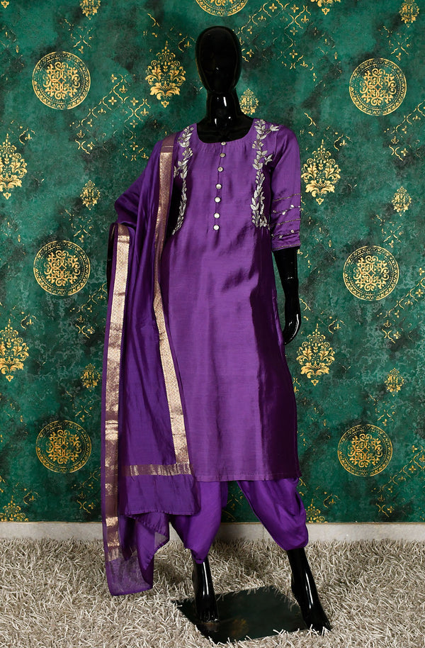 Lavender Pure Chanderi Silk Hand Embroidered Suit Set