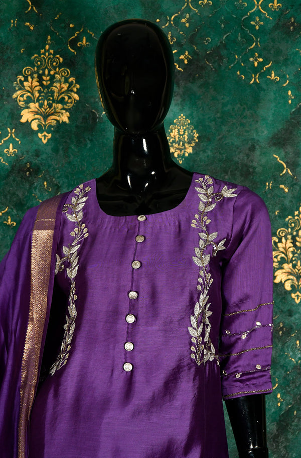 Lavender Pure Chanderi Silk Hand Embroidered Suit Set