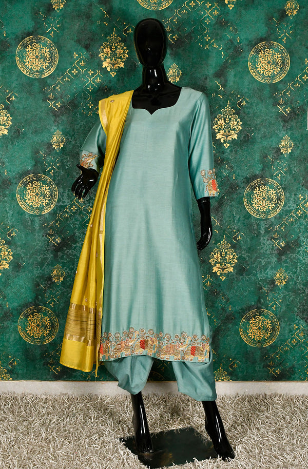 Stone Blue Pure Silk Chanderi Hand Embroidered Suit Set