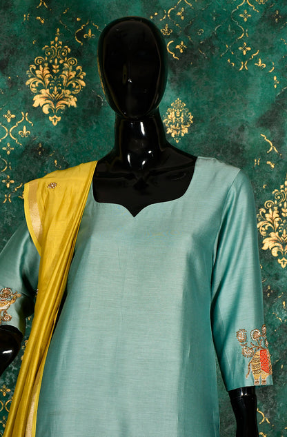 Stone Blue Pure Silk Chanderi Hand Embroidered Suit Set