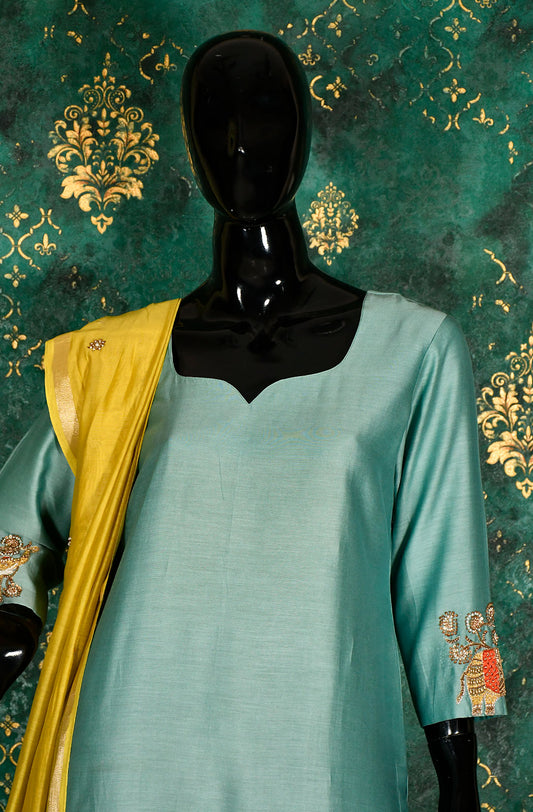 Stone Blue Pure Silk Chanderi Hand Embroidered Suit Set