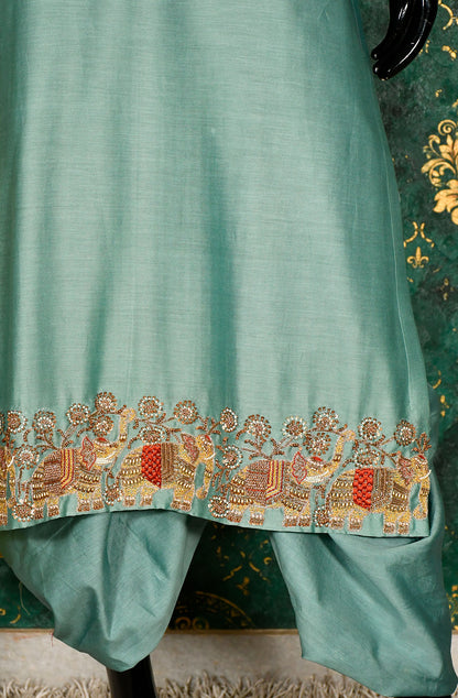 Stone Blue Pure Silk Chanderi Hand Embroidered Suit Set