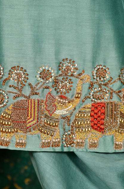 Stone Blue Pure Silk Chanderi Hand Embroidered Suit Set