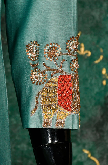 Stone Blue Pure Silk Chanderi Hand Embroidered Suit Set