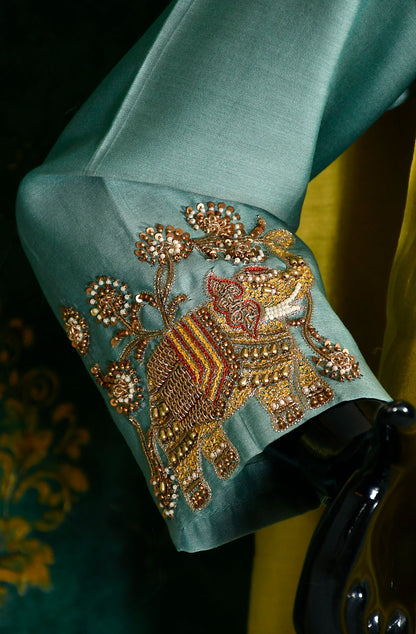 Stone Blue Pure Silk Chanderi Hand Embroidered Suit Set