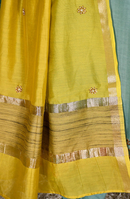 Stone Blue Pure Silk Chanderi Hand Embroidered Suit Set