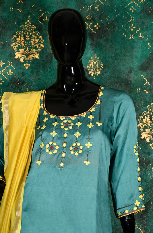 Teal Pure Modal Silk Hand Embroidered Suit Set