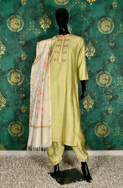 Pista Pure Silk Chanderi Hand Embroidered Suit Set