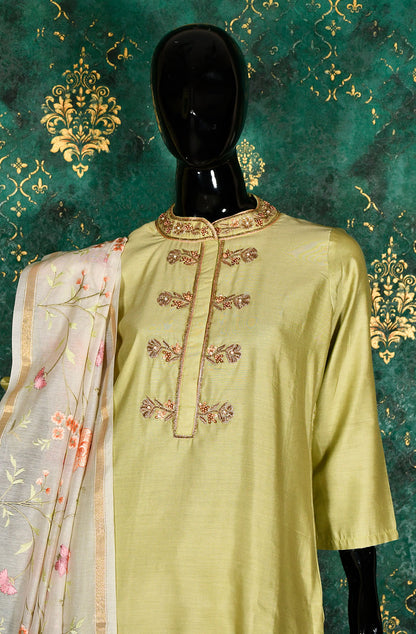 Pista Pure Silk Chanderi Hand Embroidered Suit Set