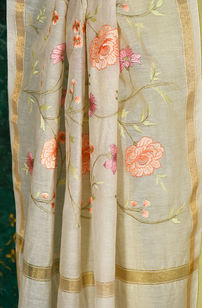Pista Pure Silk Chanderi Hand Embroidered Suit Set