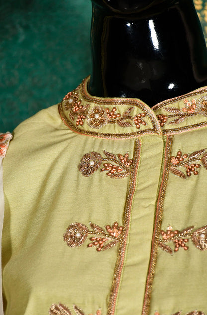 Pista Pure Silk Chanderi Hand Embroidered Suit Set