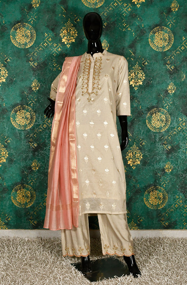 Beige Cotton Chanderi Hand Embroidered Suit Set