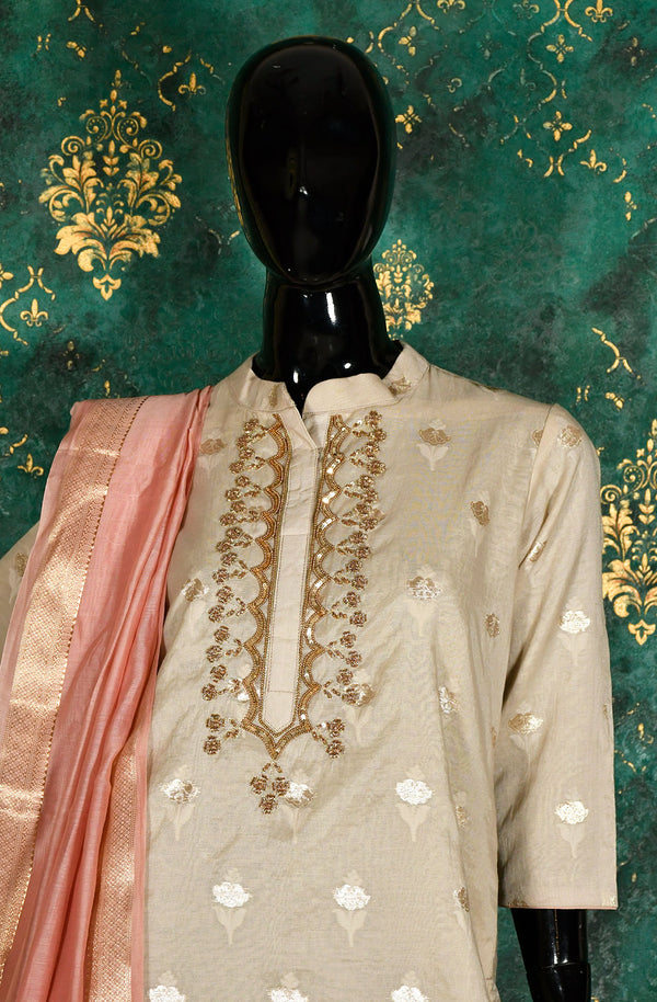 Beige Cotton Chanderi Hand Embroidered Suit Set