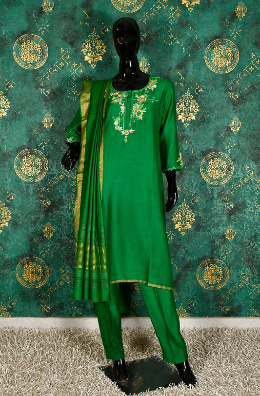 Bottle Green Pure Munga Silk Hand Embroidered Suit Set