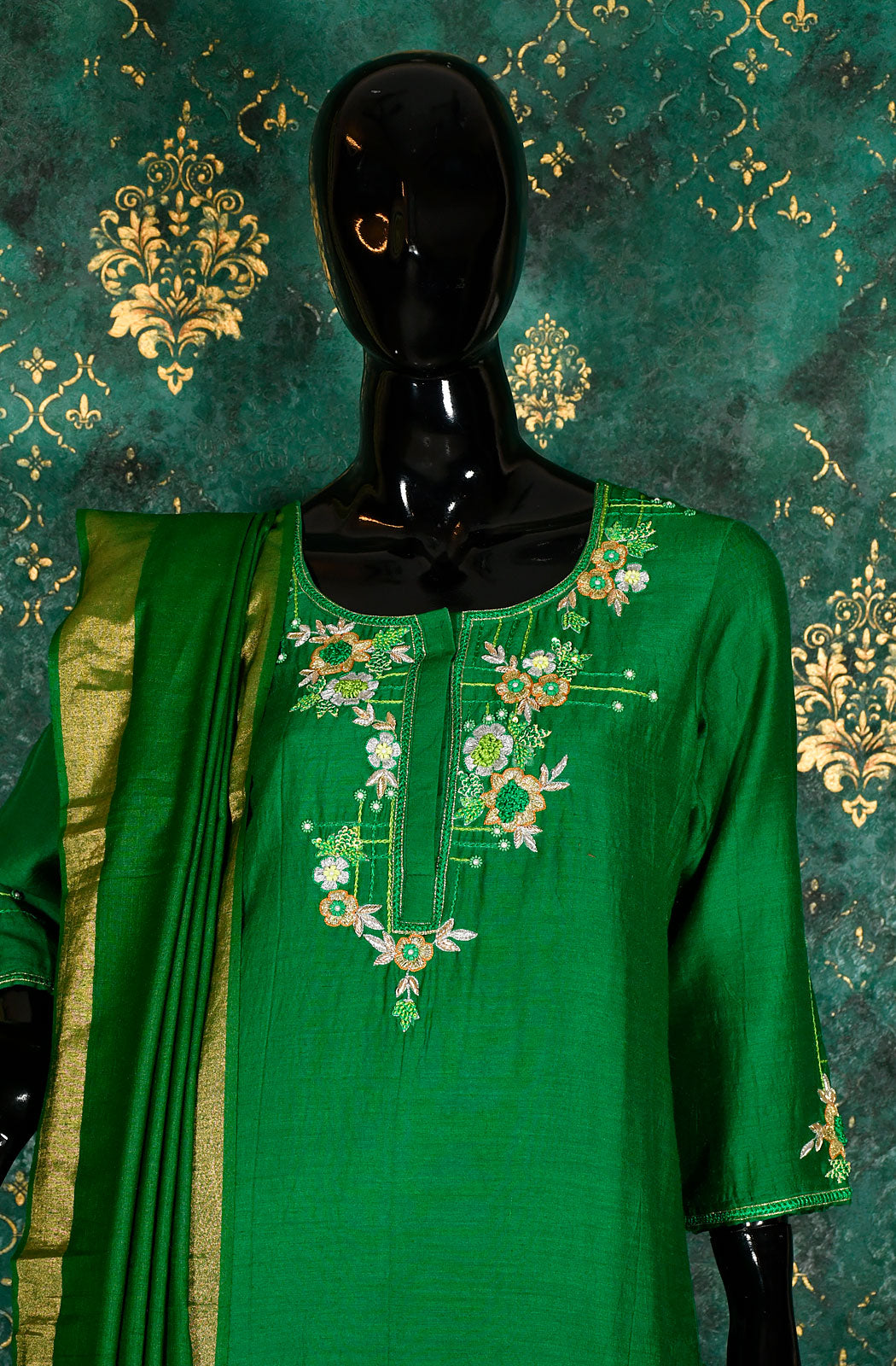Bottle Green Pure Munga Silk Hand Embroidered Suit Set - Naksheband
