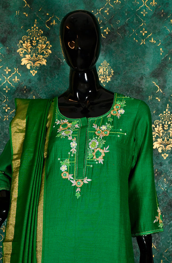Bottle Green Pure Munga Silk Hand Embroidered Suit Set