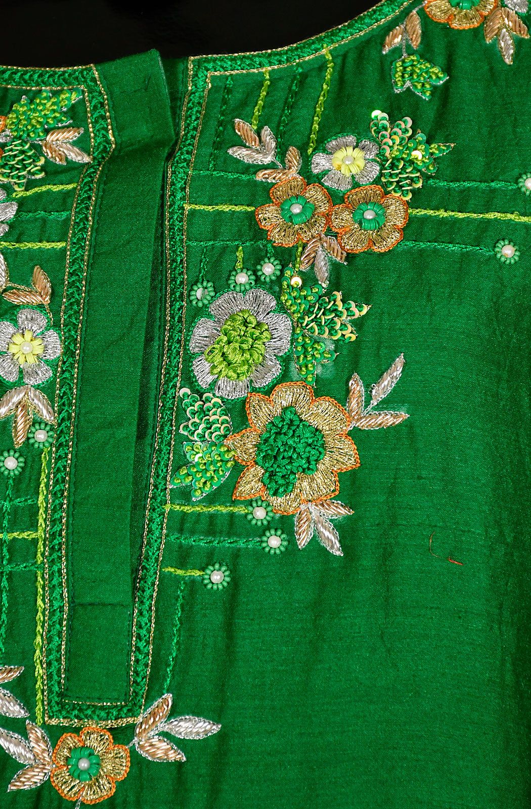 Bottle Green Pure Munga Silk Hand Embroidered Suit Set - Naksheband