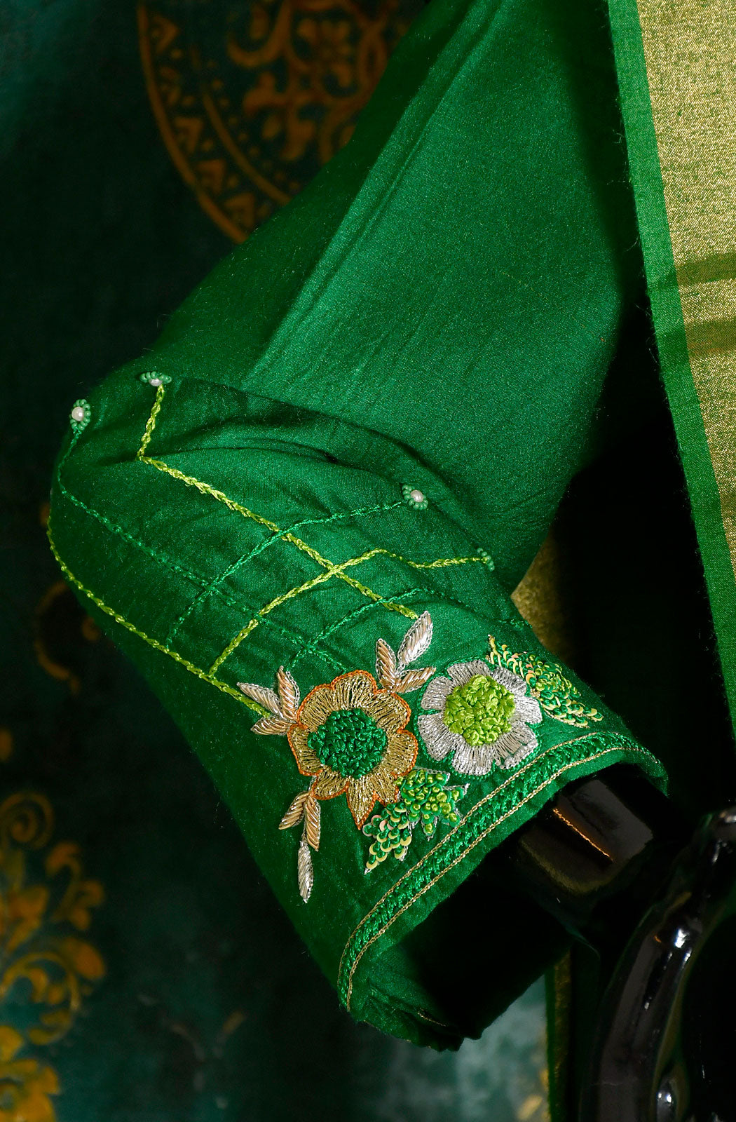 Bottle Green Pure Munga Silk Hand Embroidered Suit Set - Naksheband