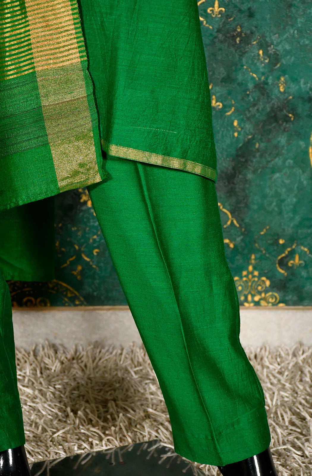 Bottle Green Pure Munga Silk Hand Embroidered Suit Set - Naksheband