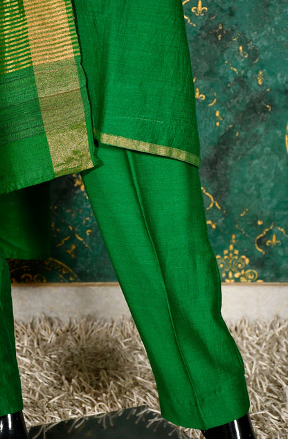 Bottle Green Pure Munga Silk Hand Embroidered Suit Set - Naksheband