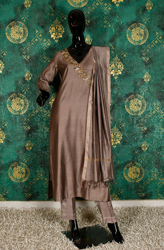 Brown Pure Silk Chanderi Hand Embroidered Suit Set