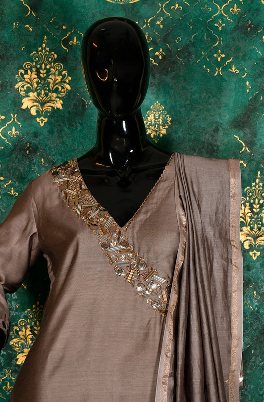 Brown Pure Silk Chanderi Hand Embroidered Suit Set