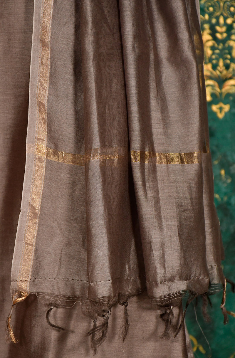 Brown Pure Silk Chanderi Hand Embroidered Suit Set