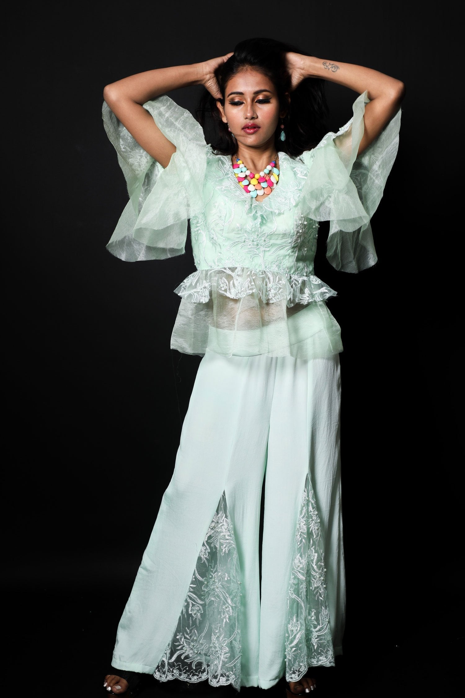 Aquamarine Indowestern Designer Plazzo Top Set - Mint Munch - Naksheband
