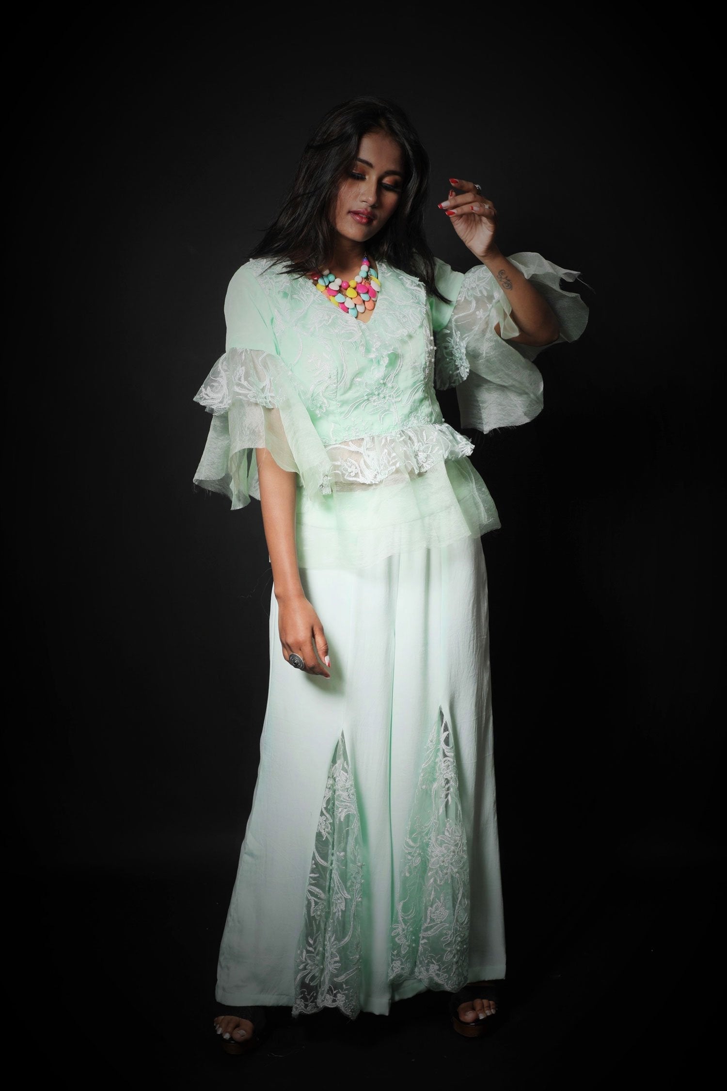 Aquamarine Indowestern Designer Plazzo Top Set - Mint Munch - Naksheband