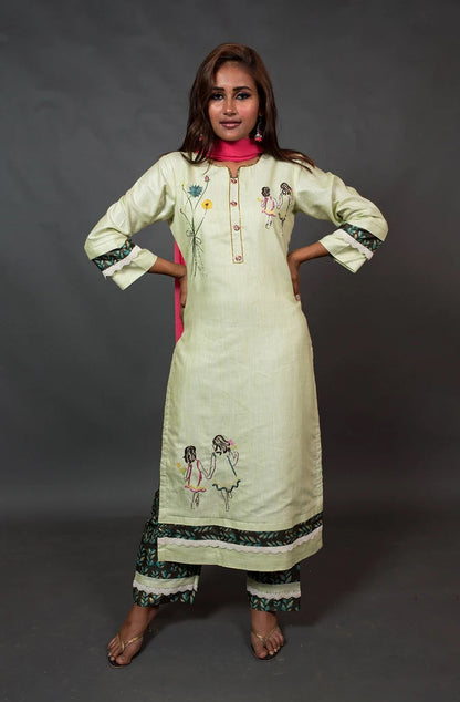 Pista and Brown Color Cotton Suit Set Embroidery - Pista Palette