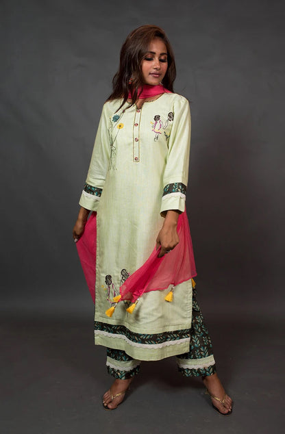 Pista and Brown Color Cotton Suit Set Embroidery - Pista Palette