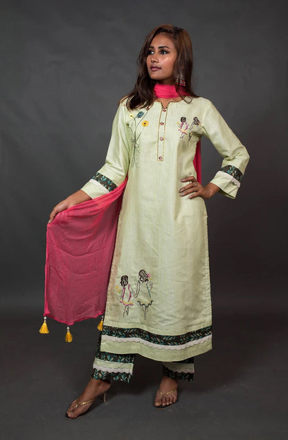 Pista and Brown Color Cotton Suit Set Embroidery - Pista Palette