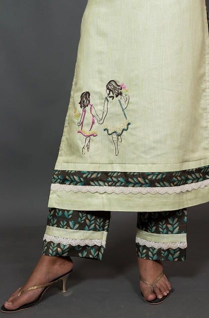 Pista and Brown Color Cotton Suit Set Embroidery - Pista Palette