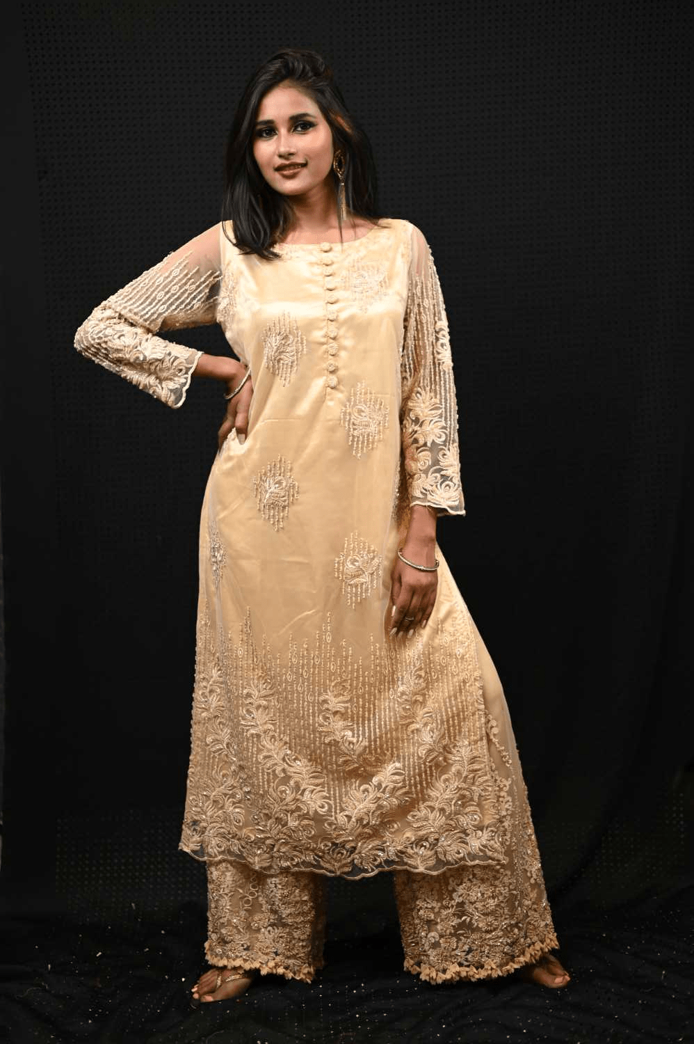 Beige Color Designer Embroidered Satan Suit Set - Abalone - Naksheband
